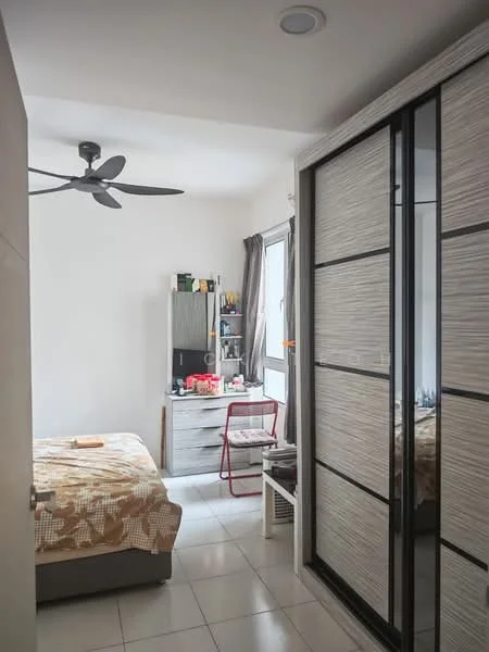 Bedroom features: queen-size bed with patterned bedding, built-in wardrobe with mirrored sliding doors, white painted walls, tile flooring, ceiling fan with light, window with sheer curtains, study desk with chair, dresser with multiple drawers, decorative items on dresser; style: modern.