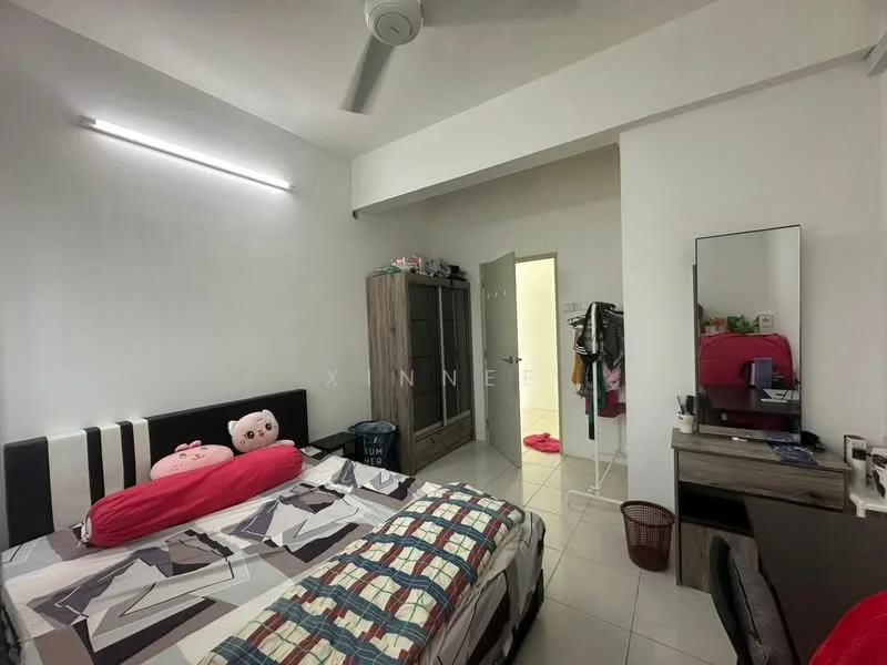 Bedroom features: queen-size bed with patterned bedding, upholstered headboard, bedside table, wall-mounted mirror, study desk, chair, wardrobe with sliding doors, ceiling fan, white painted walls, tile flooring, decorative pillows, wastebasket; style: modern.