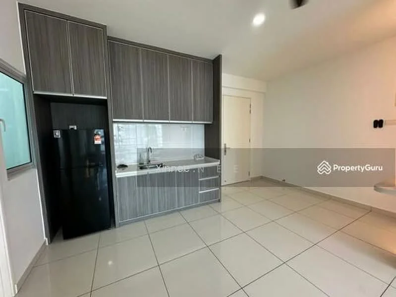 Kitchen features: grey cabinetry, white countertop, single-bowl stainless-steel sink, chrome pull-down faucet, built-in fridge, ceramic tile flooring, white tiled backsplash, recessed downlights, wall-mounted AC unit, open layout, window with glass panel, door to hallway; style: modern.