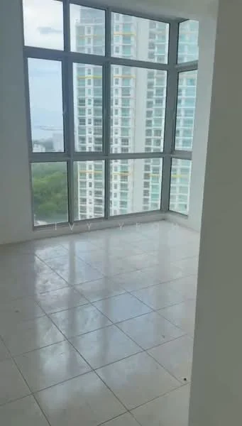 Room features: large floor-to-ceiling windows, white painted walls, glossy tile flooring, city view, open layout, natural light, neutral color scheme, minimalist design; style: modern; view: city.