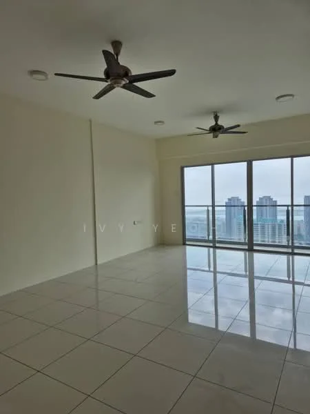 Living features: white painted walls, glossy ceramic tile flooring, 2 ceiling fans, floor-to-ceiling windows, city skyline view, recessed downlights; style: modern; view: city.