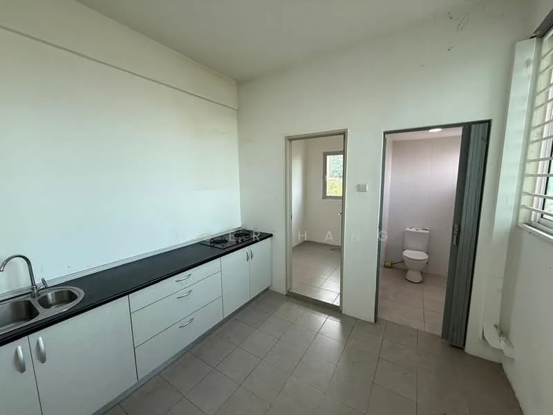 Kitchen features: black countertop, white cabinetry, double-bowl stainless-steel sink, gas stove with two burners, tile flooring, white painted walls, window for natural light. Bathroom features: toilet, white tiled walls, tile flooring, window for ventilation.