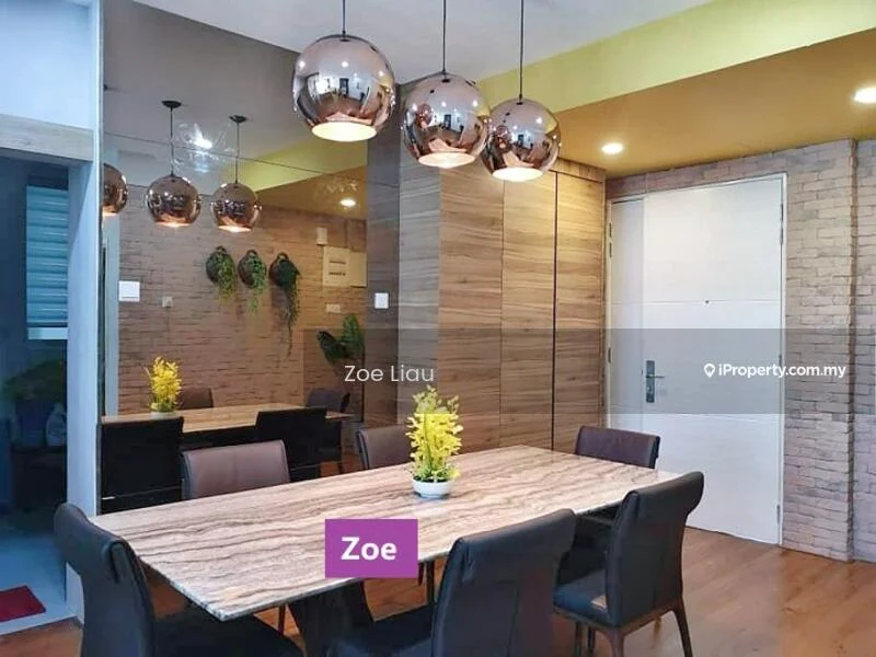 Dining features: 6-seater dining table with marble top, black upholstered dining chairs, pendant lights with metallic finish, wood panel accent wall, exposed brick wall, decorative wall plants, wooden flooring, white painted walls, door with modern design; style: modern.