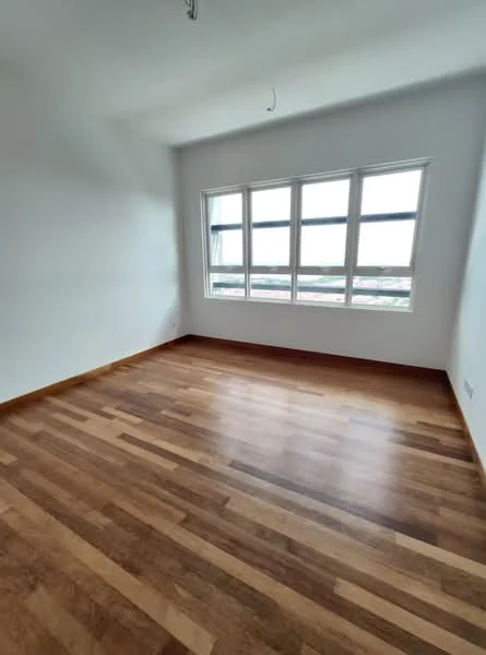 Room features: white painted walls, wooden flooring, large windows, city view; style: modern; view: city.