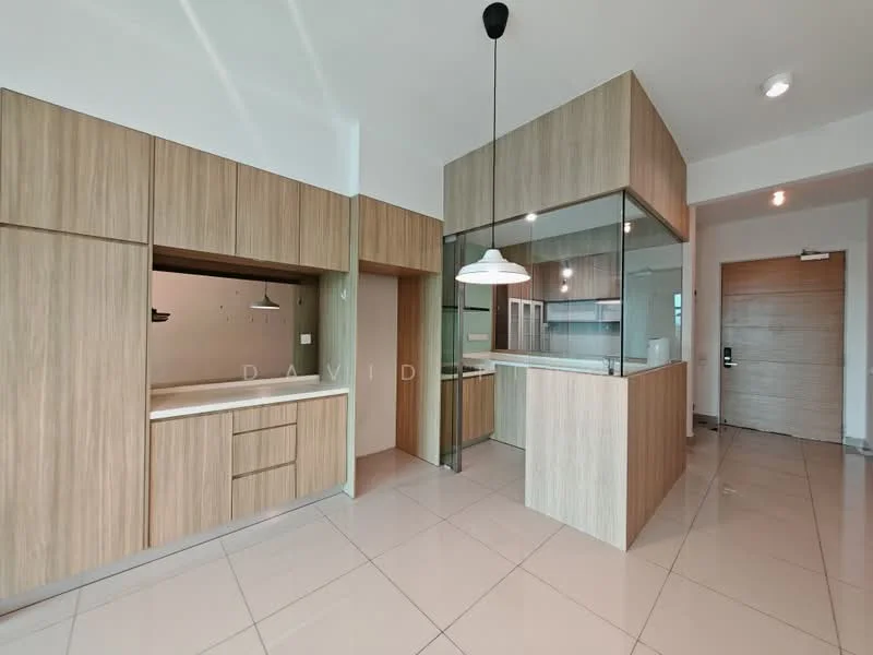 Kitchen features: wood cabinetry, glass partition, white countertop, built-in appliances, pendant lighting, tile flooring, open layout, recessed lighting; style: modern.