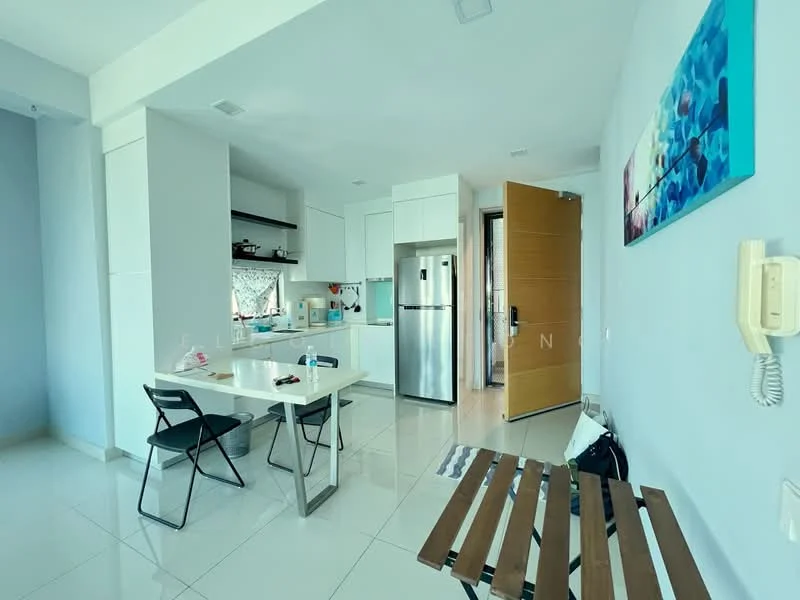 Kitchen features: white cabinetry, stainless-steel fridge, built-in oven, ceramic tile flooring, white walls, open shelving, countertop with breakfast bar, window with natural light; style: modern. Dining features: white dining table, black chairs, decorative wall art, light-colored walls; style: modern. Hallway features: wooden door, light-colored walls, ceiling lights; style: modern.