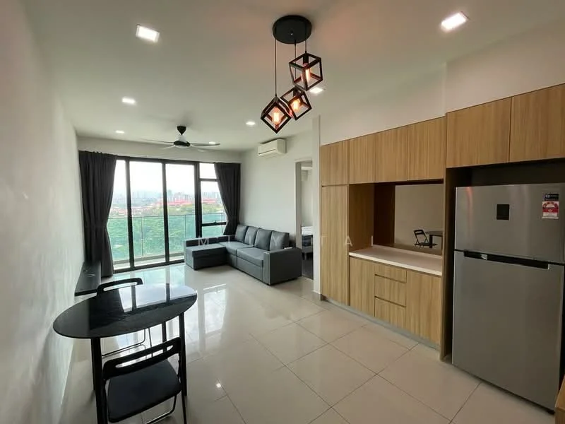 Living features: grey L-shape sectional sofa, black dining table with two chairs, refrigerator, wood cabinetry, white countertop, floor-to-ceiling windows, black ceiling fan, pendant light fixture, light-colored tiled flooring, curtains, air conditioning unit; style: modern; view: city.