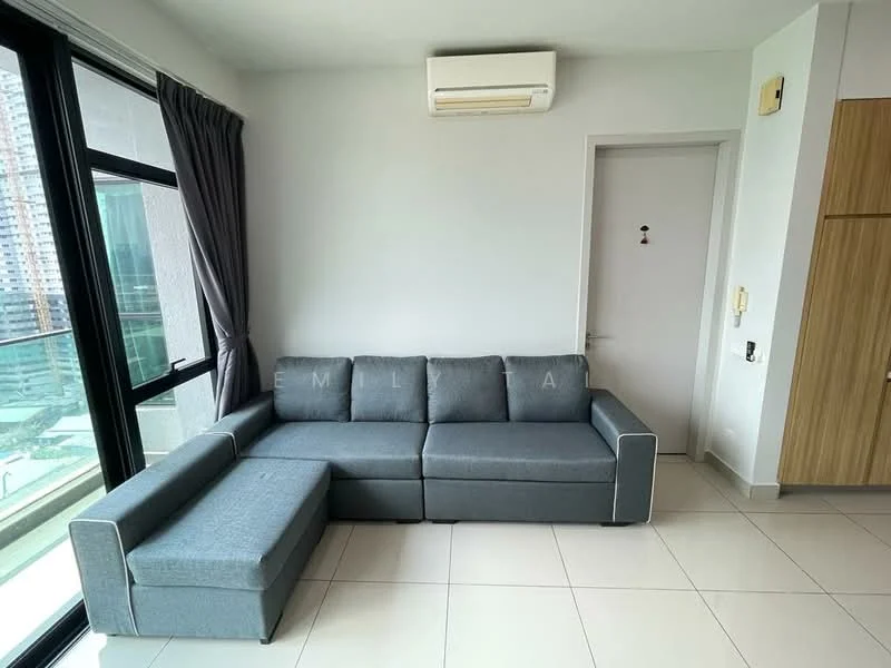 Living features: grey fabric L-shape sectional sofa, floor-to-ceiling windows, light grey painted walls, white ceiling, recessed downlights, air conditioning unit, sliding glass door, tile flooring, curtains, wooden cabinetry; style: modern; view: city.