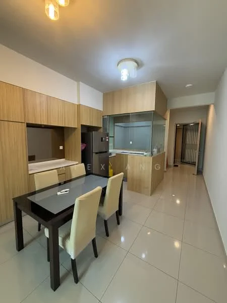 Dining features: dining table with 4 chairs, wooden cabinetry, glass partition, white walls, recessed ceiling lights, pendant light fixture, ceramic tile flooring, built-in kitchen counter, stainless-steel fridge; style: modern. Hallway features: white walls, ceramic tile flooring, doorway leading to other rooms.