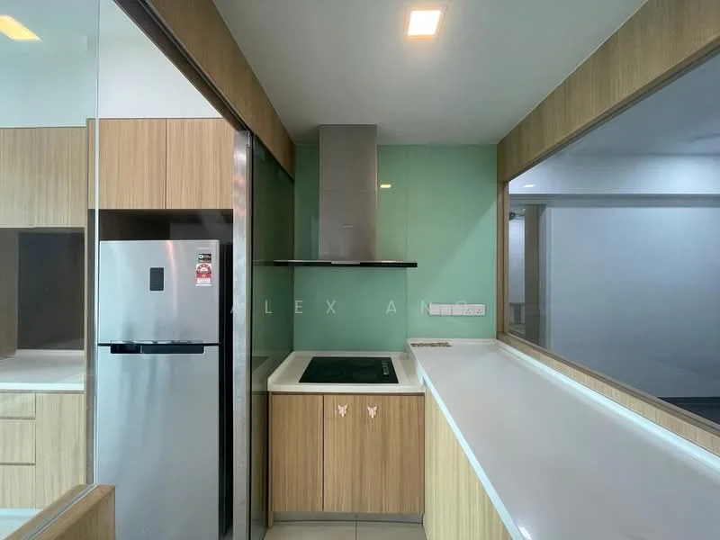 Kitchen features: stainless-steel fridge, built-in oven, induction cooktop, white countertop, wood cabinetry, green glass backsplash, under-cabinet lighting, single-bowl stainless-steel sink, chrome pull-down faucet, open shelving, tile flooring, recessed ceiling lights; style: modern.