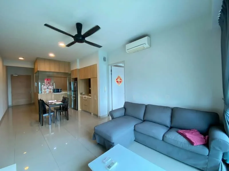 Living features: 3-seater fabric sofa in grey, coffee table, wall-mounted TV, ceiling fan, recessed downlights, tile flooring, air conditioning unit, decorative wall art, window with sheer curtains, open layout to dining area; style: modern. Kitchen features: kitchen cabinets in wood finish, stainless-steel fridge, built-in oven, 4-burner gas hob, kitchen island, tile backsplash, countertop with overhang for seating, recessed lighting; style: modern. Dining features: 4-seater dining table, upholstered dining chairs, open layout to living area; style: modern.