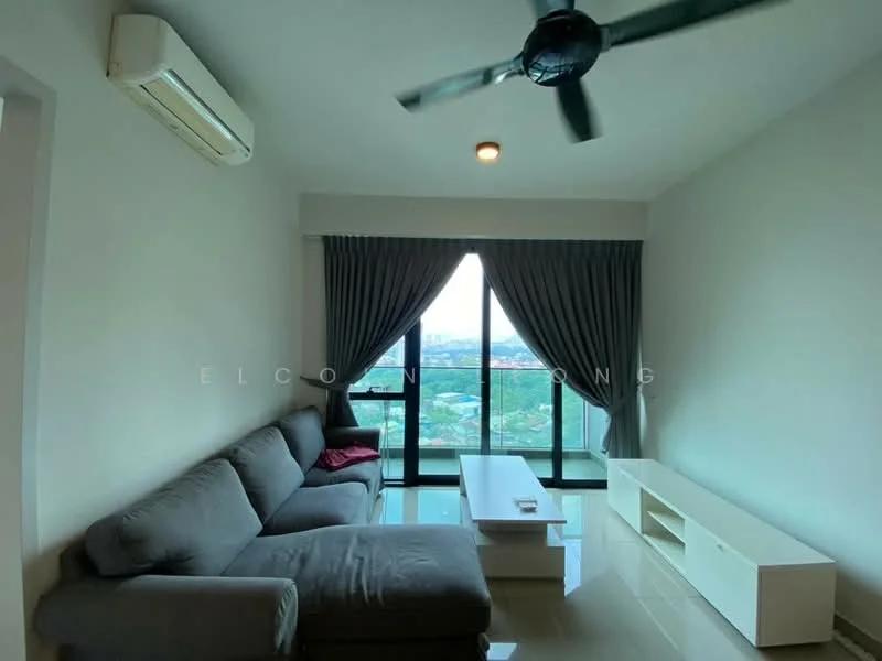 Living features: 3-seater fabric sofa in grey, white coffee table, TV console, floor-to-ceiling windows, curtains in dark grey, 1 wall-mounted split AC, recessed downlights, glossy tile flooring, decorative wall with light color, view of the city skyline; style: modern; view: city.