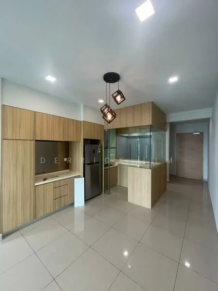 Kitchen features: wood cabinetry, stainless-steel fridge, glass-front upper cabinets, quartz countertop, kitchen island, pendant lighting with three fixtures, ceramic tile flooring, recessed downlights, open shelving, built-in oven, sink, modern faucet; style: modern.