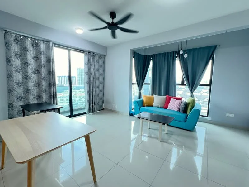 Living features: light grey walls, white ceiling, 5-blade ceiling fan with light, floor-to-ceiling windows, sliding glass door, grey curtains, blue fabric sofa, colorful throw pillows, wooden coffee table, dining table with wooden legs, glossy tile flooring; style: modern; view: city.