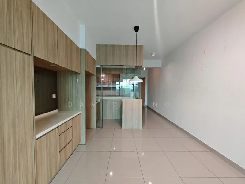 Kitchen features: wood cabinetry, white countertop, glass panel backsplash, island with storage, pendant light, ceramic tile flooring, recessed lighting, open layout; style: modern.