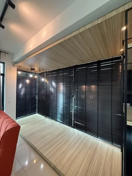 Room features: wood panelled ceiling, black vertical blinds, recessed lighting, laminate flooring, feature wall with lighting, open space layout, minimalist design, decorative lighting fixtures; style: modern.