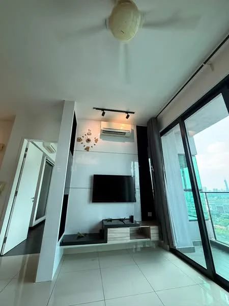 Living features: white painted walls, black accent wall, floor-to-ceiling windows, sliding glass door, light grey floor tiles, 5-blade ceiling fan, wall-mounted TV, TV console, air conditioning unit, decorative wall art, curtains, open space layout; style: modern; view: city.