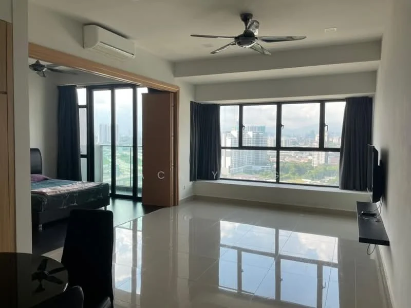 Living features: floor-to-ceiling windows, city view, 2 ceiling fans, wall-mounted TV, blackout curtains, light-colored walls, glossy tile flooring, open layout, sofa, dining table, decorative wall, natural light; style: modern; view: city. Bedroom features: queen-size bed, black leather headboard, bedside table, window with city view, light-colored walls, dark curtains; style: modern; view: city.