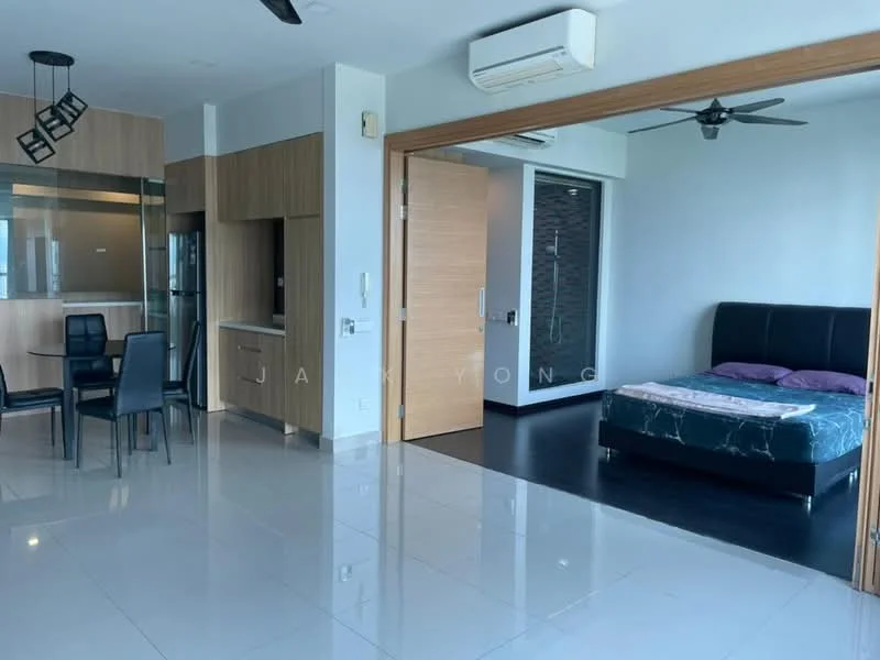 Living features: white painted walls, polished tile flooring, 5-blade ceiling fan, wall-mounted air conditioning unit, sliding glass door, open layout, dining area with black dining table and chairs, kitchenette with wooden cabinetry, refrigerator, bedroom area with black upholstered bed, purple bedding, dark flooring in bedroom area; style: modern.