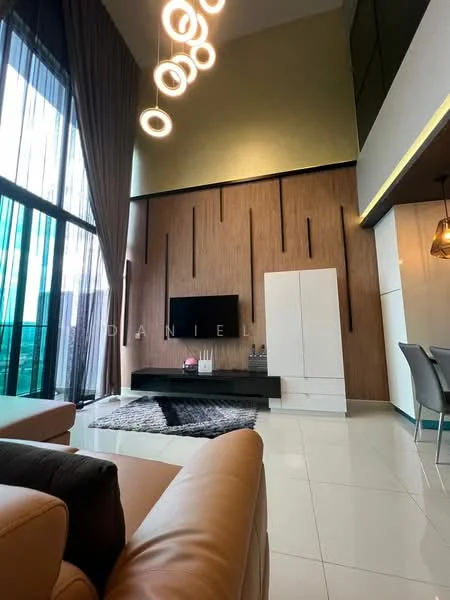 Living features: floor-to-ceiling windows, light brown leather sofa, area rug with geometric pattern, wall-mounted TV, black TV console, wood panel accent wall, recessed downlights, modern pendant lighting, white cabinetry, dining table with chairs, cream tiled flooring, curtains, decorative wall features; style: modern.