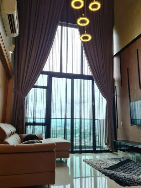 Living features: floor-to-ceiling windows, sheer curtains, brown leather sofa, area rug with geometric pattern, wall-mounted TV, recessed downlights, chandelier with circular design, polished tile flooring, wood panel accent wall, air conditioning unit; style: modern; view: city.