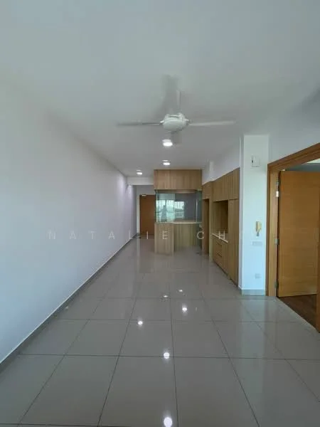 Room features: white painted walls, glossy ceramic tile flooring, 5-blade ceiling fan with light, recessed LED downlights, wood cabinetry, open kitchen layout, large windows for natural light, neutral color palette; style: modern.