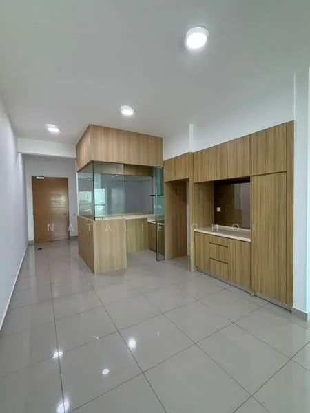 Kitchen features: laminate cabinetry in light wood, glass partition, white countertop, built-in sink, stainless-steel faucet, recessed downlights, ceramic tile flooring, neutral painted walls; style: modern.