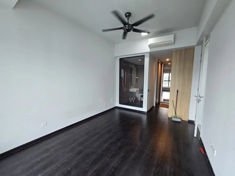 Room features: dark wood laminate flooring, white painted walls, ceiling fan with light, air conditioning unit, glass partition wall, doorway leading to another room, light switch, cleaning mop, window with natural light; style: modern.