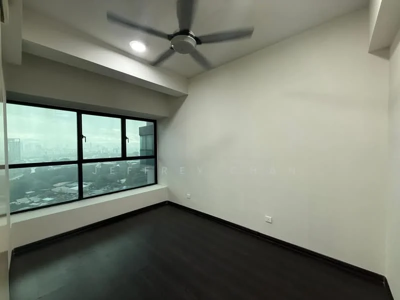 Room features: dark wood flooring, white painted walls, floor-to-ceiling windows, 5-blade ceiling fan, city view; style: modern; view: city.