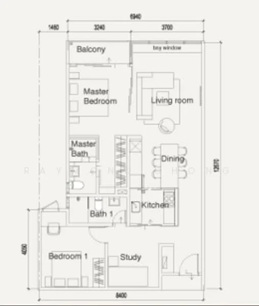 Floor plan: 3-bedroom 2-bathroom unit; features: open-plan kitchen-dining-living, master bedroom with ensuite bathroom, balcony off living room, study or 4th bedroom, utility room, central foyer.