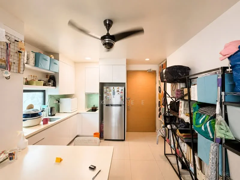 Kitchen features: white cabinetry, stainless-steel fridge, single-bowl stainless-steel sink, chrome pull-down faucet, white countertop, ceramic tile flooring, 5-blade ceiling fan, window with view, open shelving, storage racks, kitchen utensils, dishware, appliances, decorative items; style: modern.