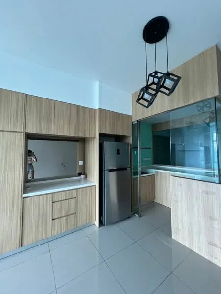 Kitchen features: wood cabinetry, white countertop, stainless-steel fridge, glass panel partition, pendant light fixture, grey tile flooring, built-in cabinetry, open shelving; style: modern.