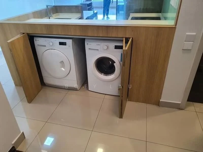 Laundry features: front-load washing machine, front-load dryer, wood cabinetry, white cabinetry, countertop above appliances, glossy tile flooring, neutral wall colour, open cabinet doors; style: modern.