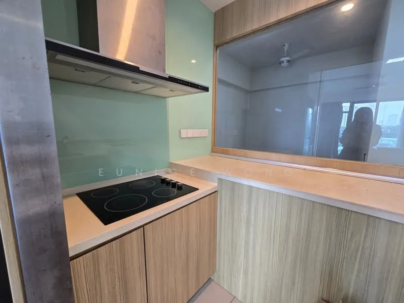 Kitchen features: stainless-steel range hood, induction cooktop, light wood cabinetry, white countertop, green glass backsplash, open shelving, wall-mounted light fixture, floor tiles, window, pantry area; style: modern.