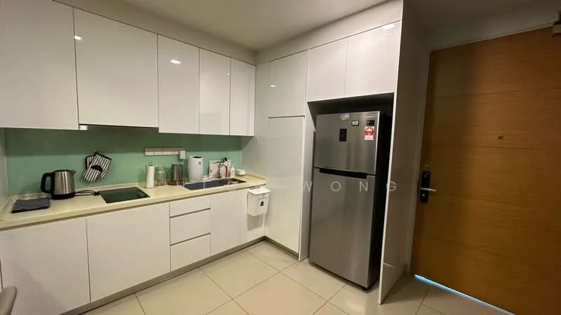 Kitchen features: white glossy cabinetry, light green backsplash, granite countertop, single-bowl stainless-steel sink, chrome pull-down faucet, built-in refrigerator, electric stove, kettle, microwave, tile flooring, under-cabinet lighting; style: modern.
