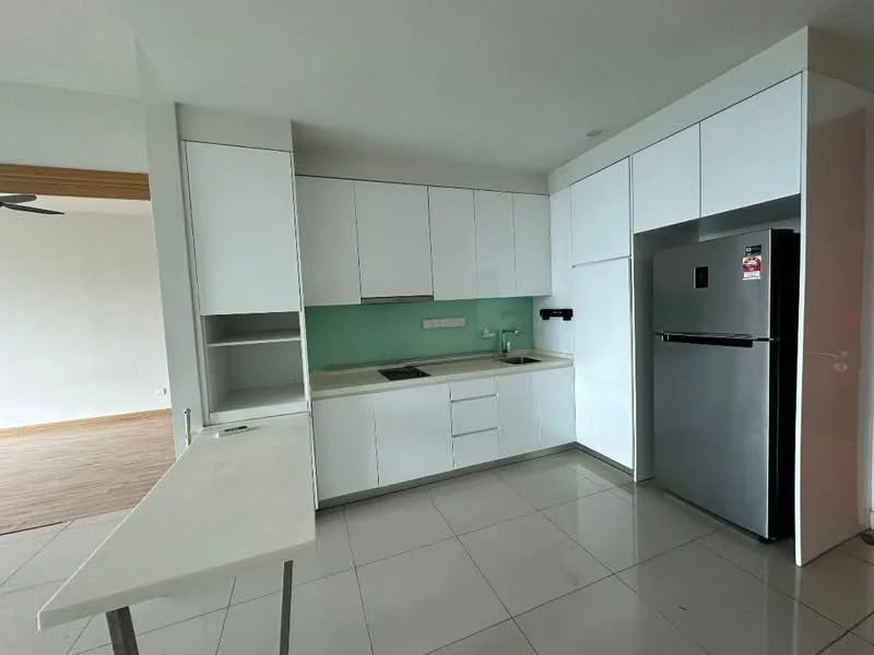 Kitchen features: white cabinetry, light green backsplash, single-bowl stainless-steel sink, chrome pull-down faucet, built-in stove, built-in oven, stainless-steel fridge, countertop with overhang, ceramic tile flooring, recessed downlights; style: modern.