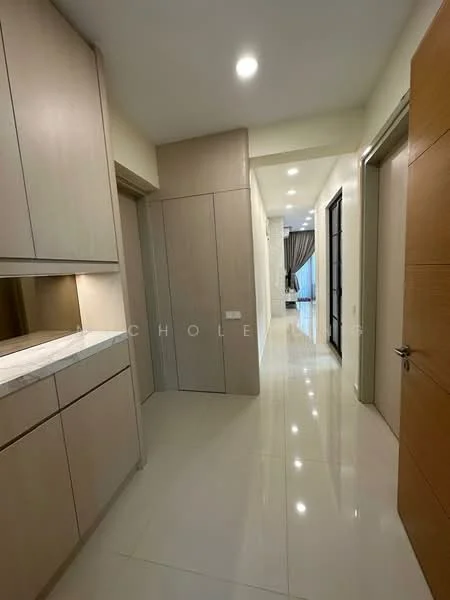 Room features: light-colored cabinetry, white marble countertop, glossy tile flooring, recessed downlights, neutral wall color, built-in storage cabinets, doorway leading to another room, wide hallway, floor-to-ceiling windows, curtains, modern door design; style: modern.
