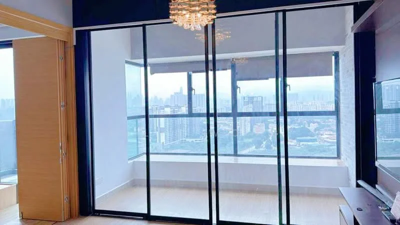 Room features: floor-to-ceiling windows, glass sliding doors, city skyline view, light wood flooring, chandelier, white walls, roller blinds; style: modern; view: city.