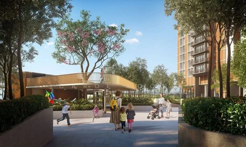 Exterior type: landscape garden; features: manicured lawn, mature trees, paved walkway, outdoor seating area, children's playground, modern architectural design, surrounding greenery, residential buildings in background; style: modern.