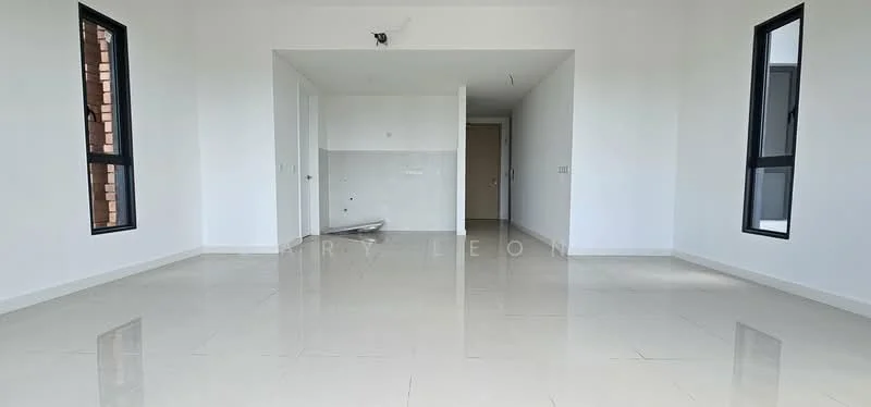 Room features: white painted walls, glossy tile flooring, floor-to-ceiling windows, open layout, neutral color scheme, no visible furniture, minimalist design, high ceiling; style: modern.