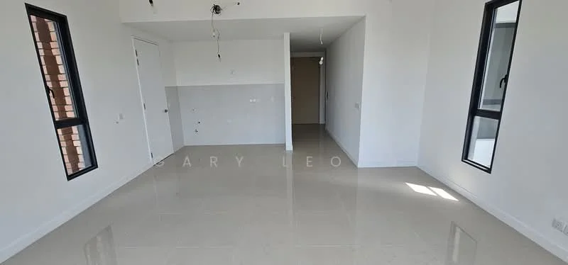 Room features: white painted walls, glossy tile flooring, floor-to-ceiling windows, open layout, no visible appliances, no visible furniture, neutral color scheme, minimalist design; style: modern.
