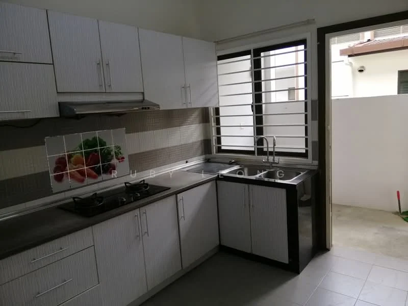 Kitchen features: white shaker cabinets, grey countertop, stainless-steel sink, chrome pull-down faucet, built-in gas hob, exhaust hood, tile backsplash, window with horizontal slats, ceramic tile flooring, wall-mounted cabinets, open layout to outdoor area; style: modern; view: garden.