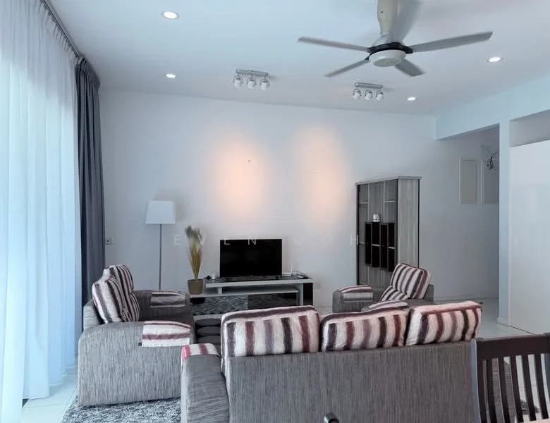 Living features: 3-seater fabric sofa with striped pattern, 2-seater fabric sofa with striped pattern, coffee table, wall-mounted TV, TV console, ceiling fan with light, recessed downlights, grey area rug, floor-to-ceiling windows with sheer curtains, decorative plant in pot, built-in shelving unit, white painted walls, tile flooring; style: modern.