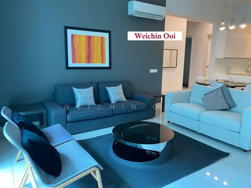 Living features: grey fabric 3-seater sofa, light grey fabric 2-seater sofa, black accent chair, round glass coffee table, area rug with geometric pattern, white walls, air conditioning unit, pendant lighting, framed artwork with abstract design; style: modern.