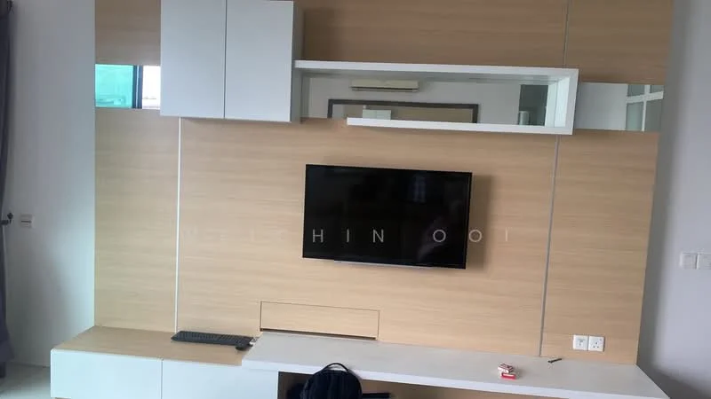 Living features: wood panel feature wall, mounted flat-screen TV, white cabinetry, built-in desk area, grey curtains, light-colored flooring, mirror above the desk, window with view, minimalist design; style: modern; view: city.