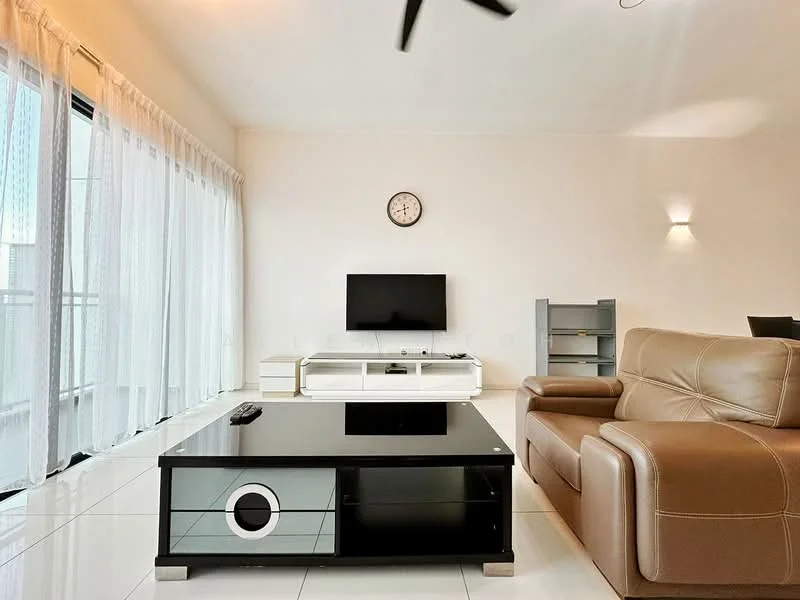 Living features: 3-seater leather sofa in brown, glass coffee table with storage, wall-mounted TV, TV console in white, floor-to-ceiling windows with sheer curtains, clock on wall, recessed lighting, white tiled flooring, ceiling fan; style: modern.