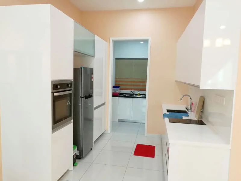 Kitchen features: white cabinetry, stainless-steel fridge, built-in oven, freestanding range oven, single-bowl stainless-steel sink, chrome pull-down faucet, white countertop, ceramic tile flooring, recessed downlights, red kitchen mat; style: modern.