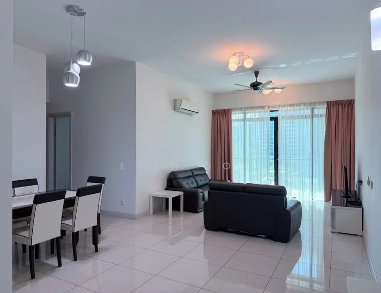 Living features: 3-seater black leather sofa, 2-seater black leather sofa, glass coffee table, wall-mounted TV, white walls, white ceiling, recessed downlights, 5-blade ceiling fan with light, floor-to-ceiling windows with sheer curtains, marble tile flooring, dining area with 6-seater dining table, curtains in light pink, air conditioning unit; style: modern; view: city. Dining features: 6-seater dining table with black and white chairs; style: modern.