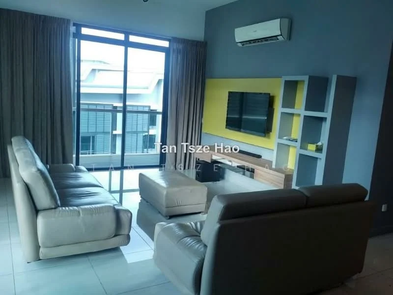 Living features: 3-seater leather sofa in light beige, 2-seater leather sofa in light beige, coffee table, TV console, wall-mounted TV, floor-to-ceiling windows, curtains, air conditioning unit, light grey painted walls, white tiled flooring, decorative wall shelving, area rug; style: modern.