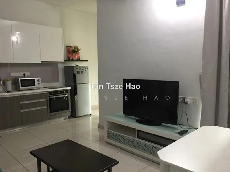 Living features: white painted walls, ceramic tile flooring, recessed downlights, wall-mounted TV, TV console, coffee table, grey sofa, fridge, microwave, built-in kitchen cabinets, kitchen countertop, stainless-steel sink; style: modern.